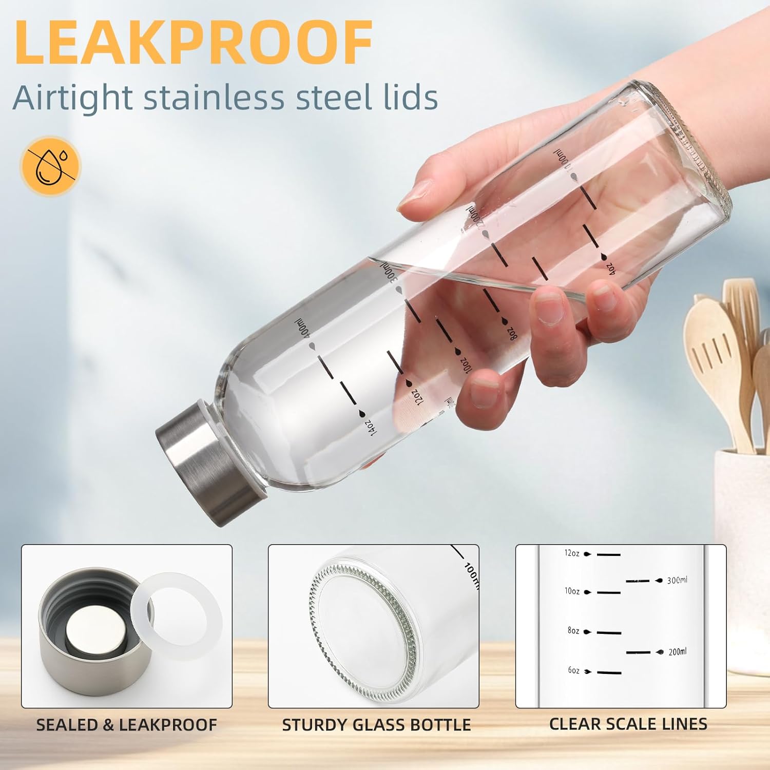 Glass Water Bottles with Lids 17 oz, Clear Juice Bottles With Stainless Steel Cap, Reusable Glass Drinking Bottle for Juicing, Refrigerator,100% Leak Proof, BPA Free - Image 2