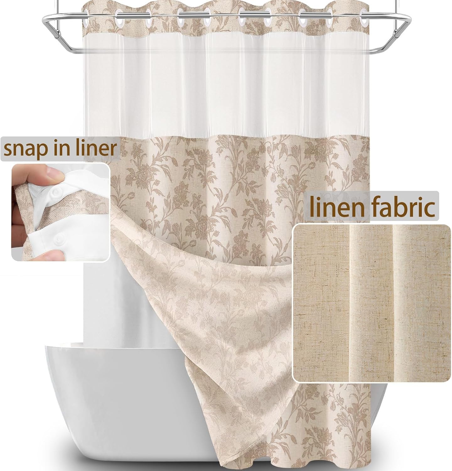 WOUVMA No Hook Shower Curtain with Snap in Liner Beige Floral Cotton Linen Cottagecore Shower Curtain for Bathroom 72" W x 75" L