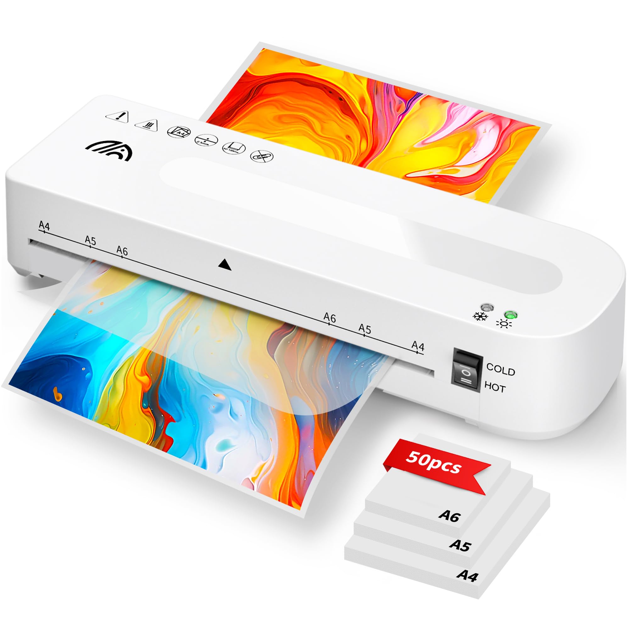 MAXDONE Laminator Machine A4 Laminators - Thermal and Cold A4 Laminator Machine with 50 Laminating Pouches, Laminating Machine 80-125 Mic and 90-s Warm Up A4/A5/A6 for School Home (White)