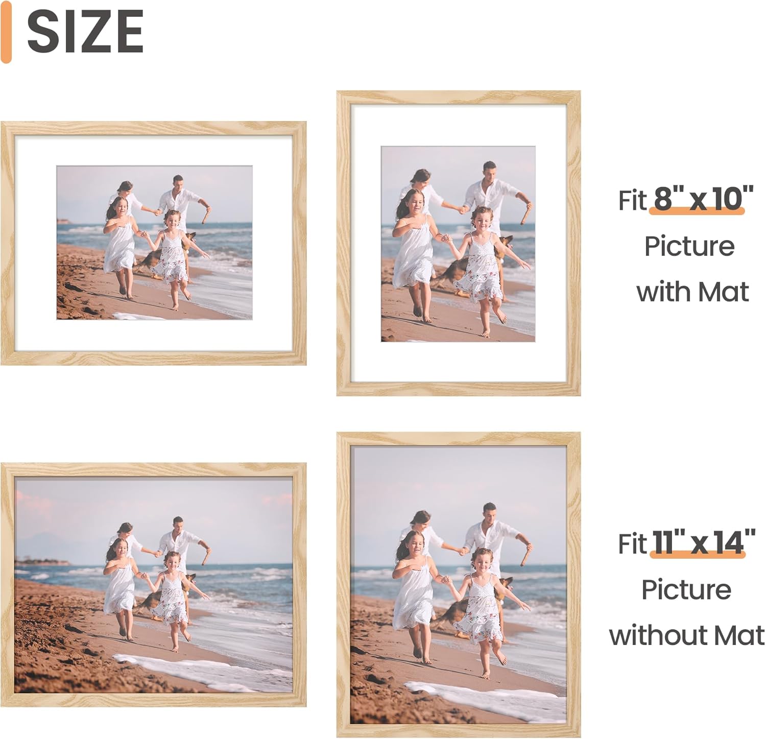 upsimples 11x14 Picture Frame, Display Pictures 8x10 with Mat or 11x14 Without Mat, Wall Hanging Photo Frame, Natural, 1 Pack