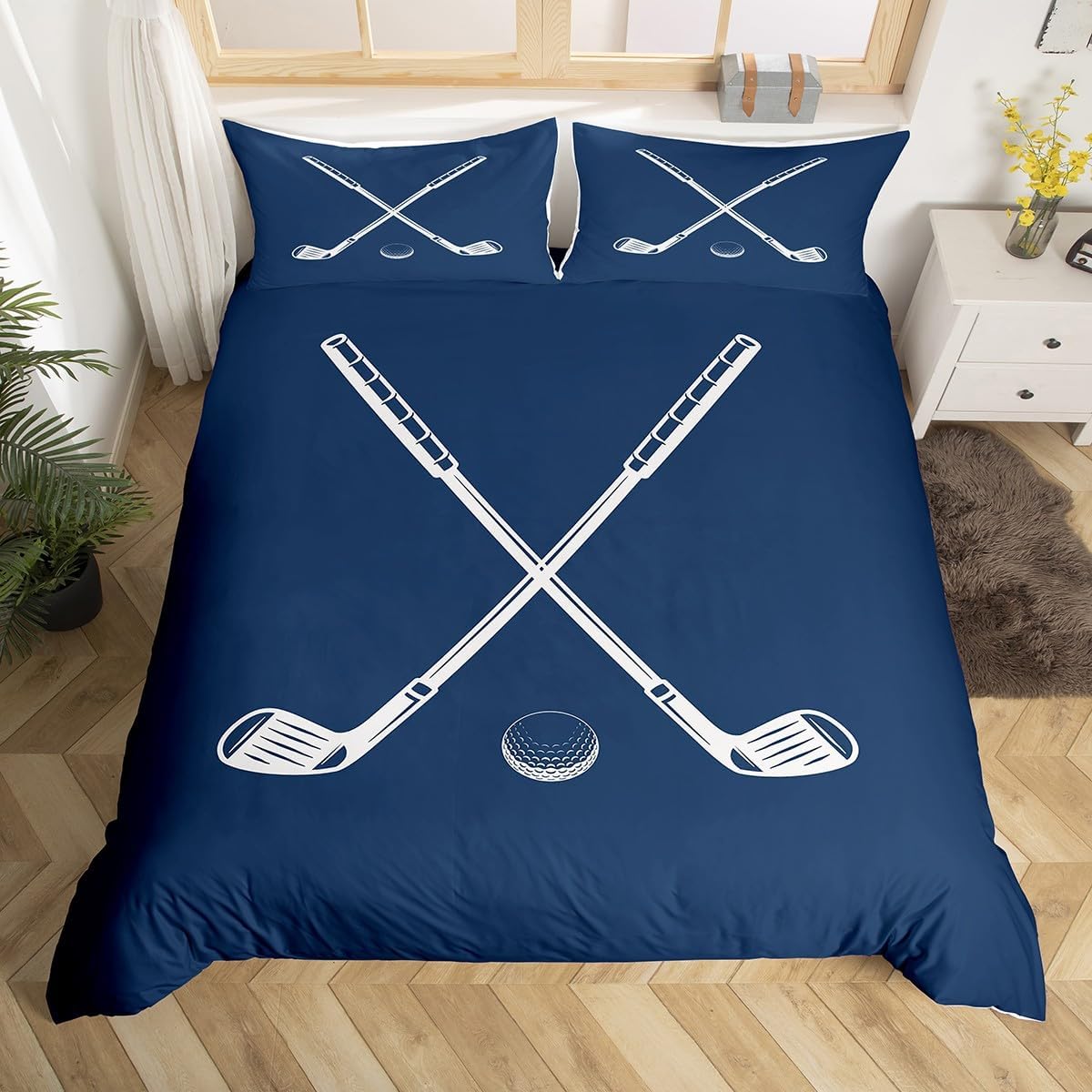 Erosebridal Golf Duvet Cover Queen for Boys Girls Kids,Ball Games Sports Bedding Set,Navy Blue White Golf Clubs Balls Comforter Cover Sports Bed Set Golf Bedroom Decor for Kids 3Pcs