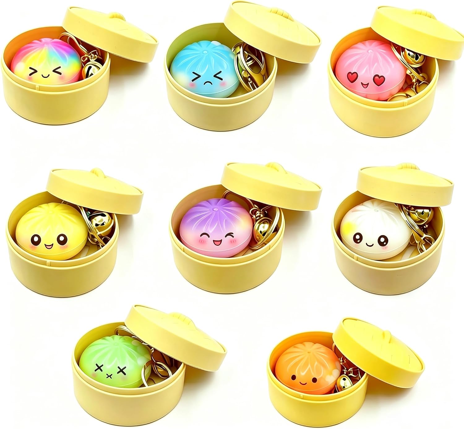 8 Pack Mystery Squishy Bun Keychain Set, Mini Steamer Box Packaging Slow Rising Stress Relief Fidget Keychain with Bell, Random Colorful Dumpling Charms, Novelty Holiday & Birthday Presents