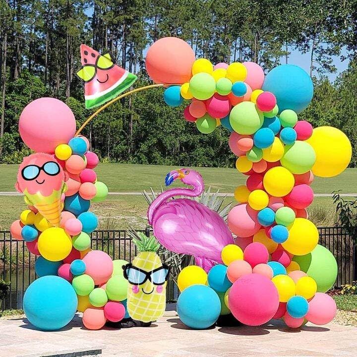 Image of Tropical Balloons Arch Kit,130Pcs Luau Balloons Different Sizes Hot Pink and Yellow Latex Balloons for Hawaiian Luau Summer Birthday Party Decorations