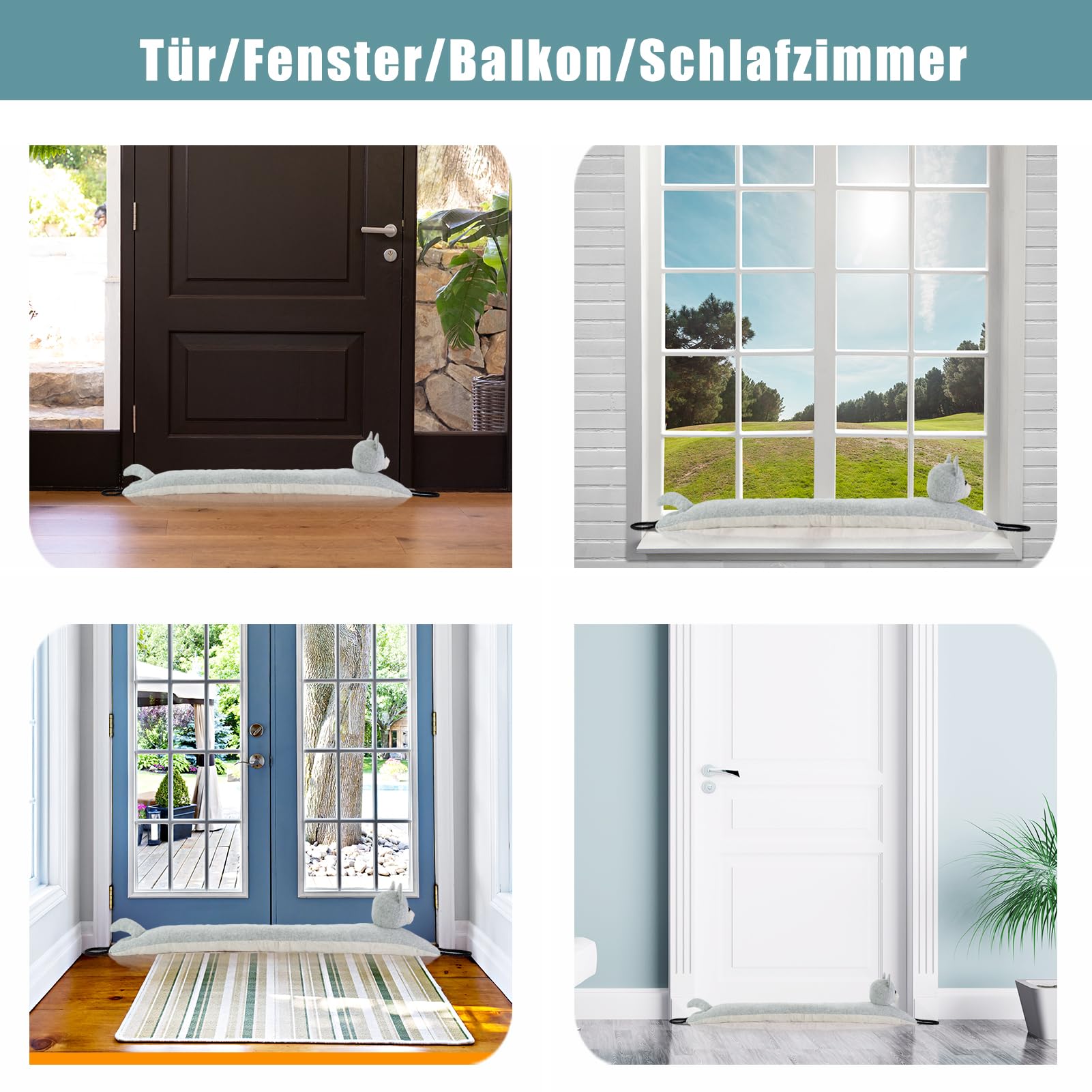 Unter Tür Zugluftstopper Dekorative Windstopper 91cm für Fenster, beschwert Tier Luft Zugluftstopper Schlange Lärm Blocker für unten an der Tür mit hängenden Schlaufen - Graue Katze