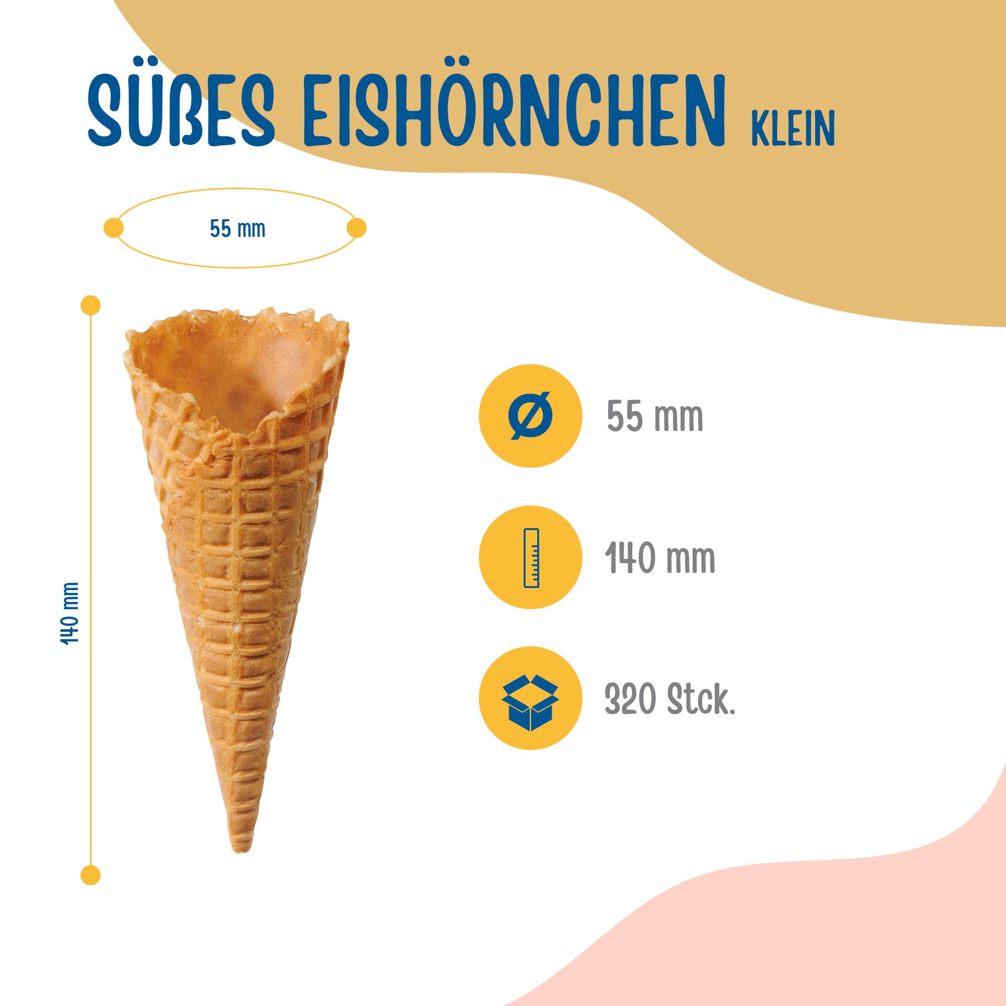 Bazko Süßes Eishörnchen Klein | Eiswaffeln Hörnchen 14 cm / 5,5 cm | 320 Stück | knusprige Eistüten für Softeis, Gelato, Sorbet | vegane Knuspertüten