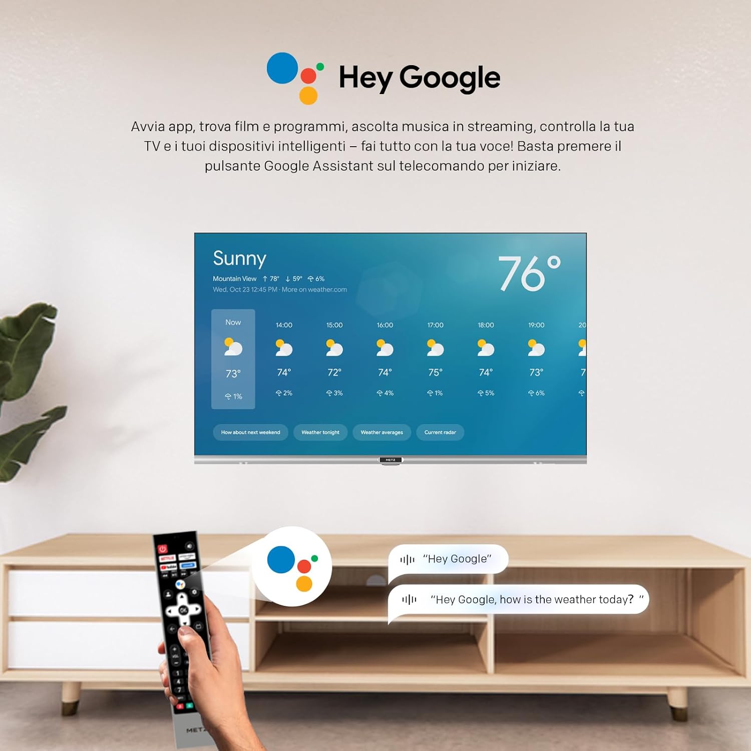 User interacting with Google Assistant via remote control on the Metz MTD7000Z TV.