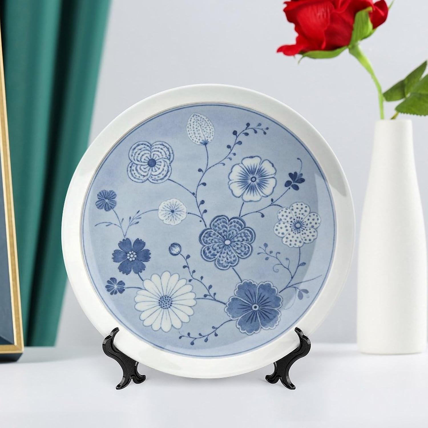 Blue White Porcelain Floral Plate, Layered Petals in Deep Shade for Living Room Accent Bone China Decorative Plate, 10inch Wall Art Home Decor