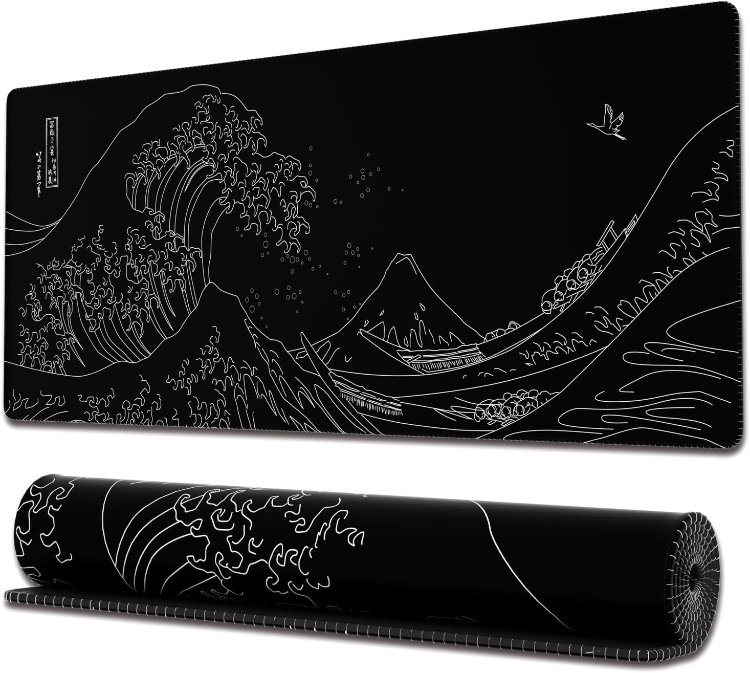Ovenbird Gaming Mouse Pad with Stitched Edges, Japanese Sea Wave Large Extended XL Anime Mousepad Gaming with Anti-Slip Base, Cool Black and White Mouse Pad for Desk, 31.5 x 11.8 in, Black