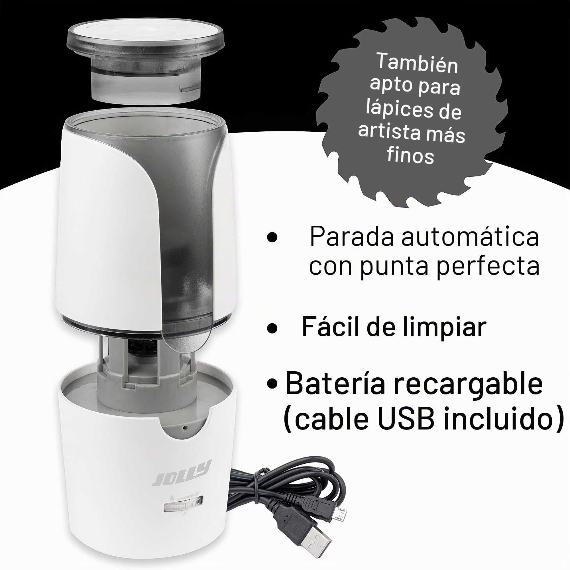 Sacapuntas eléctrico JOLLY Herbert Sacapuntas eléctrico grande para todos los lápices, también para lápices finos de artista y lápices a todo color con auto-stop blanco, incl. cable de carga
