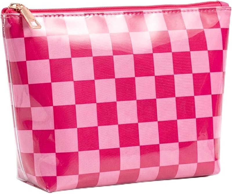 Necessaire transparente LETGO em PVC, estampa xadrez rosa e bege, com zíper