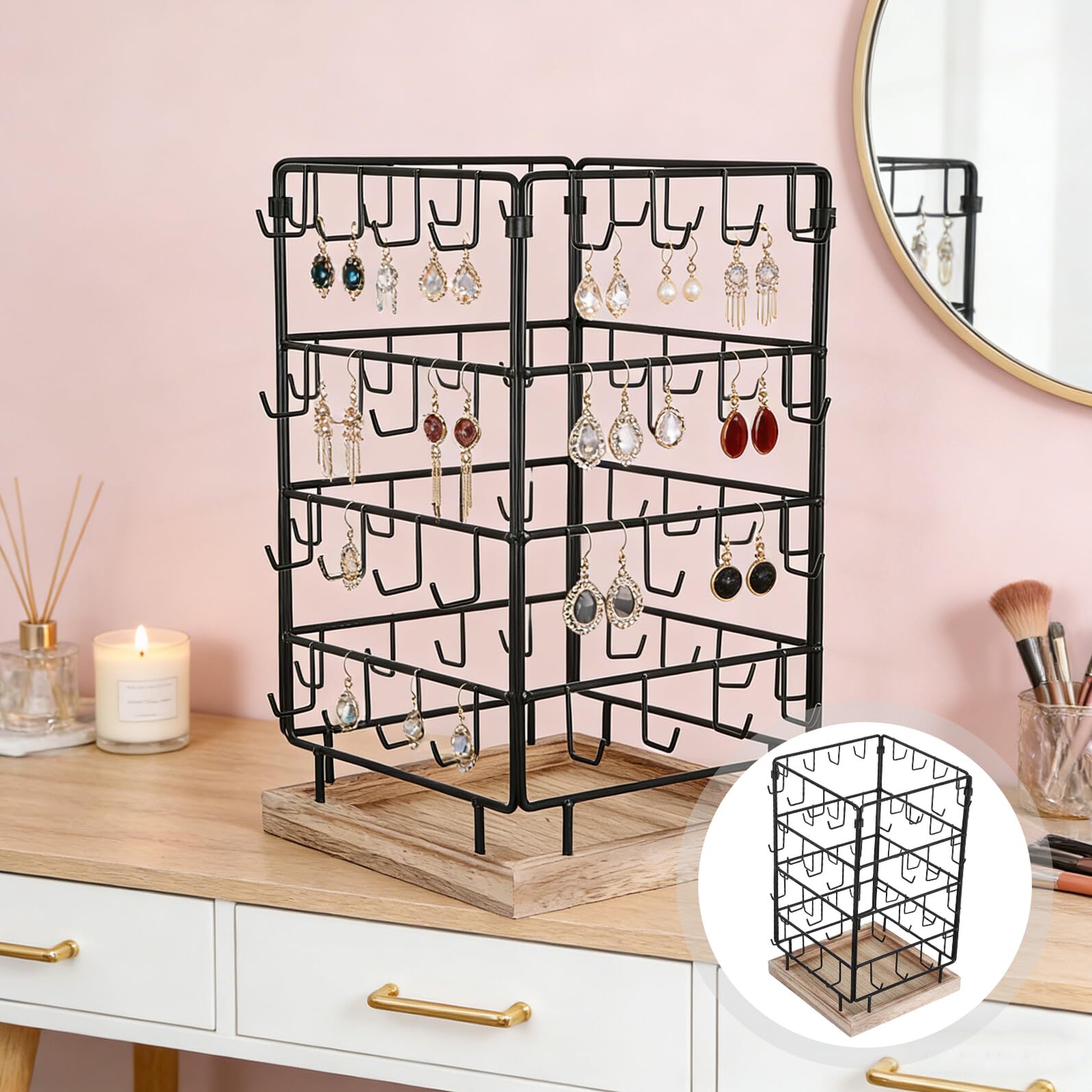 BESPORTBLE Espositore Girevole per Orecchini 64 Ganci, Struttura | Legno e Ferro, Design Smontabile, Uso Domestico e Venditori, Adatto anche Collane e Bracciali