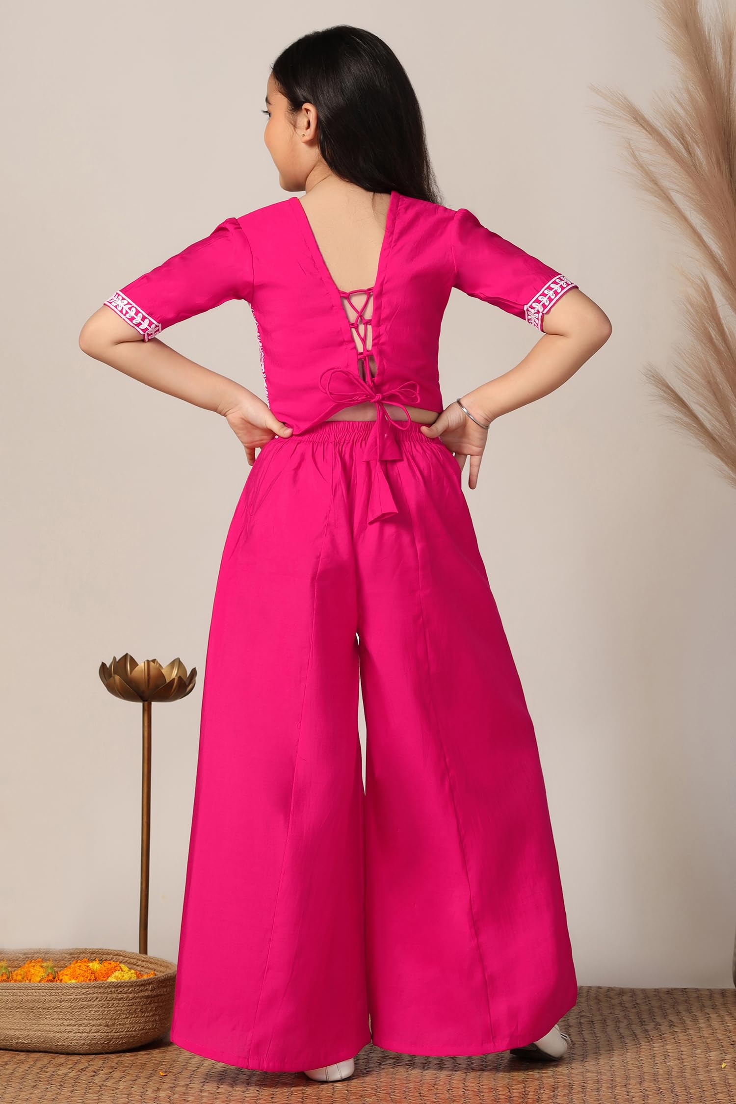 Fashion Dream Girl's Silk Blend Ethnic Top and Palazzo Set |Kids Salwar Suit Set|Embroidered Suit for Girls|Indo Western Set (FDGSET00226 PNK 32_Pink_9-10 Years) - Image 2 thumbnail