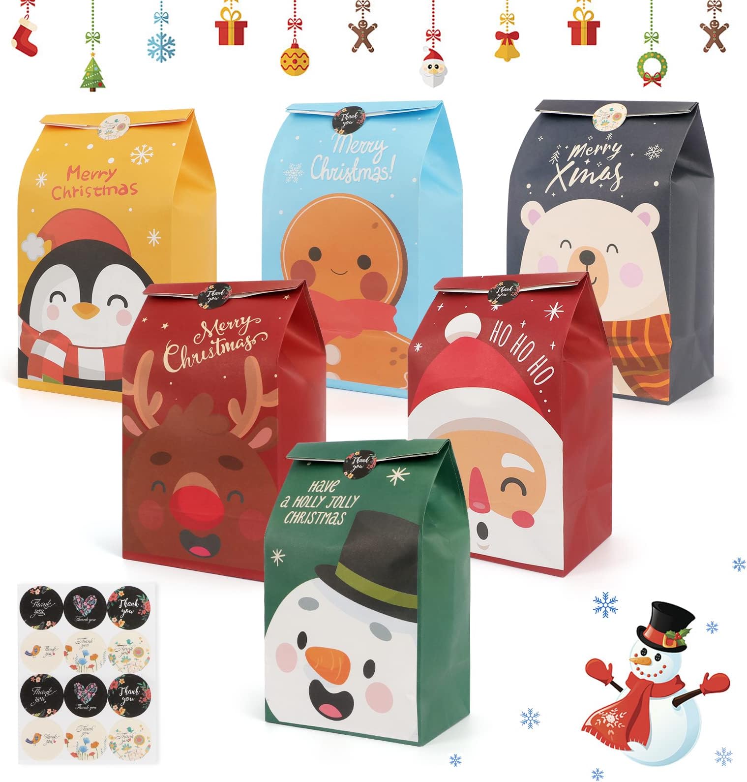 FYY 24PCS Christmas Paper Gift Bags with 24PCS Thank-You Stickers, Candy Bags, Christmas Party Bags Goodies Sweets Treat Bags 6 Patterns (13x8x24cm)