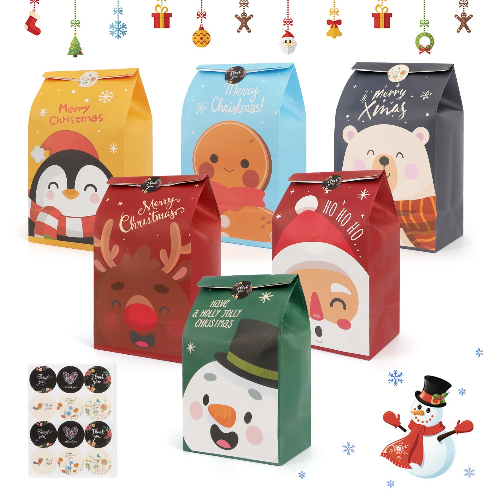 FYY 24PCS Christmas Paper Gift Bags with 24PCS Thank-You Stickers, Candy Bags, Christmas Party Bags Goodies Sweets Treat Bags 6 Patterns (13x8x24cm)