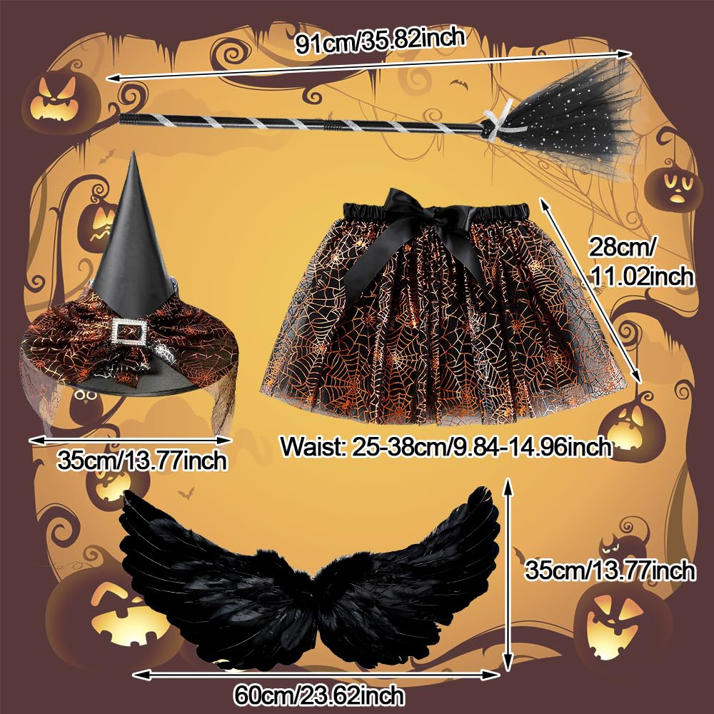 Witch Costume for Kids 3PCS Halloween TuTu Skirt Suit Costumes Set including Witch Hat and Broom Magic Fancy Dress Cosplay Outfit Accessories for Halloween Carnival Party Dress up Cosplay (Orange) - Image 2
