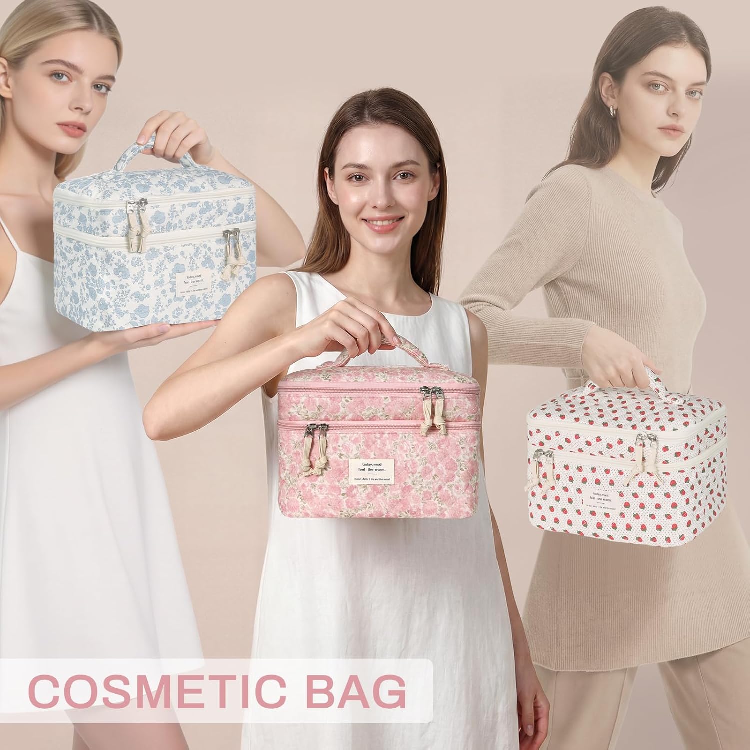 Gosect Makeup Bag, Portable Travel Make up Bag, Large Capacity Quilted Cosmetic Organizer Bag, Cute Floral Toiletry Bag for Women Girls (Pink Floral)