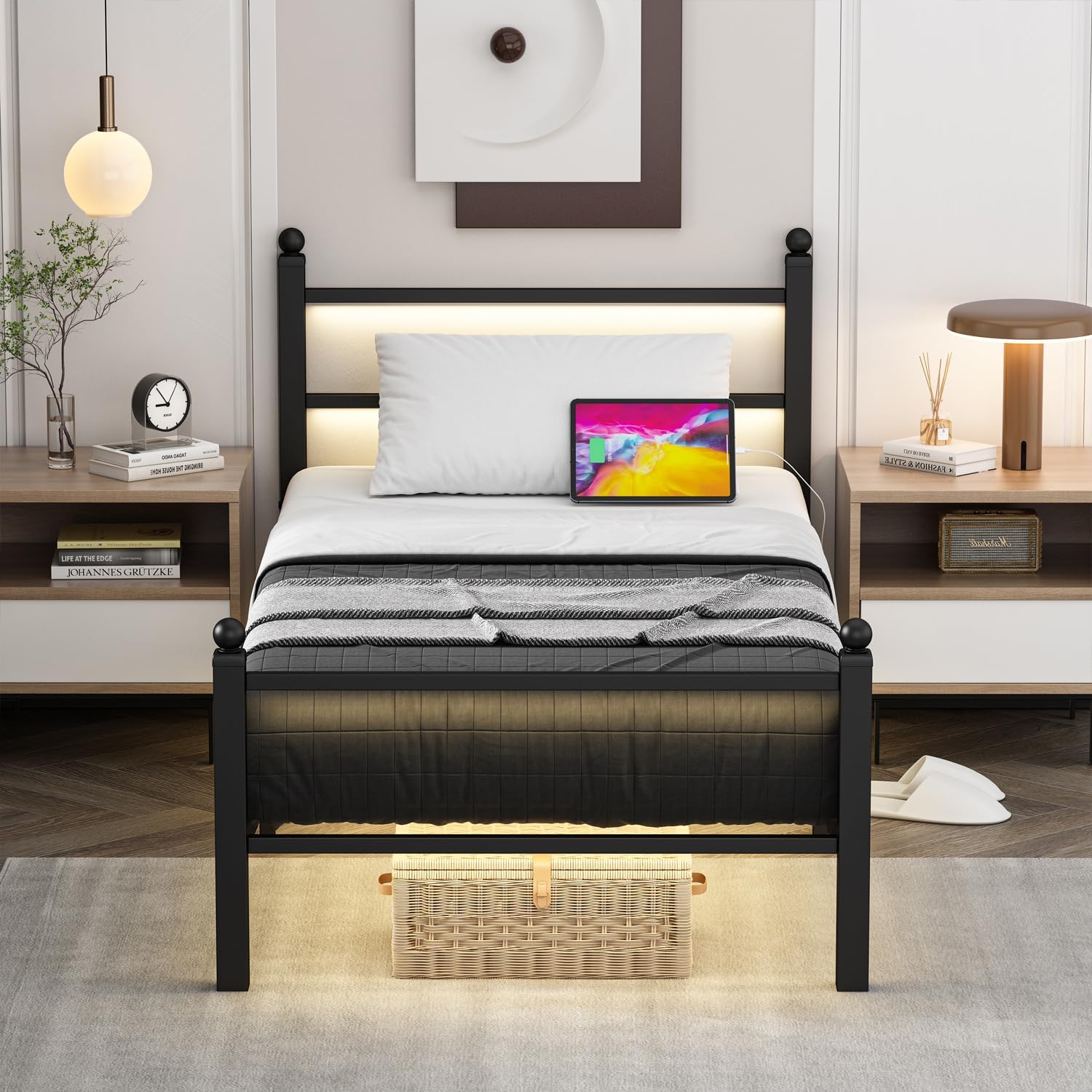 Twin Bed Frames with Charging Station & LED Lights, Metal bed frame twin size with Headboard and Footboard, Heavy Duty Slats Support Platform, No Box Spring Needed, Noise Free, Easy Assembly, Black
