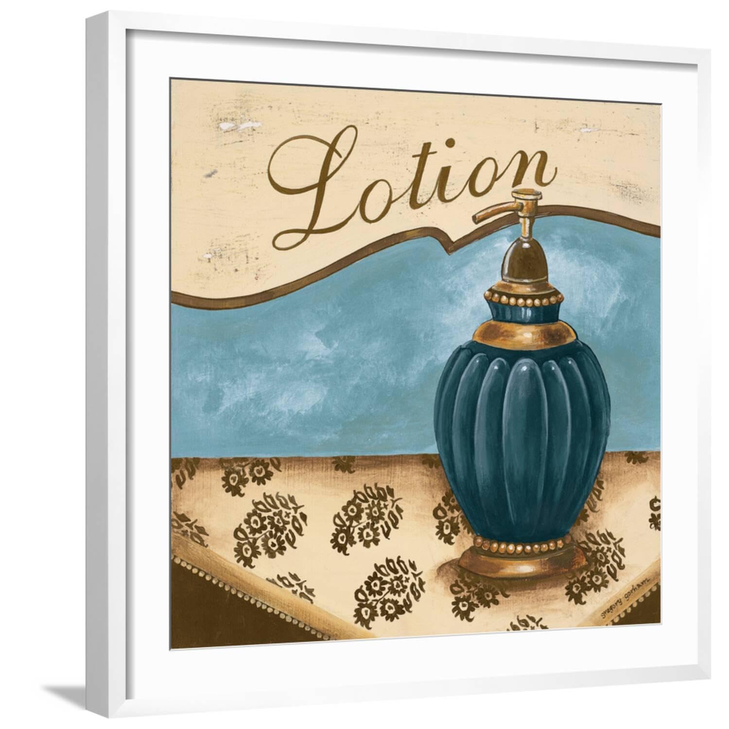 ART.COM Wall Art Print Bath Accessories IV - Blue Lotion on White Frame by Gregory Gorham, 29" x 29"