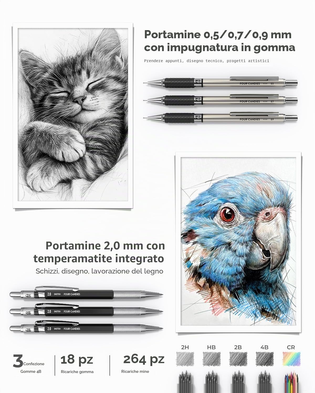 Four Candies Set di 45 Pezzi Forniture Scolastiche Estetiche con Grazioso Astuccio, 12 Evidenziatori Pastello, 5 Penne Gel Inchiostro Nero, 6 Set di Matite Meccaniche per Studenti Cancelleria