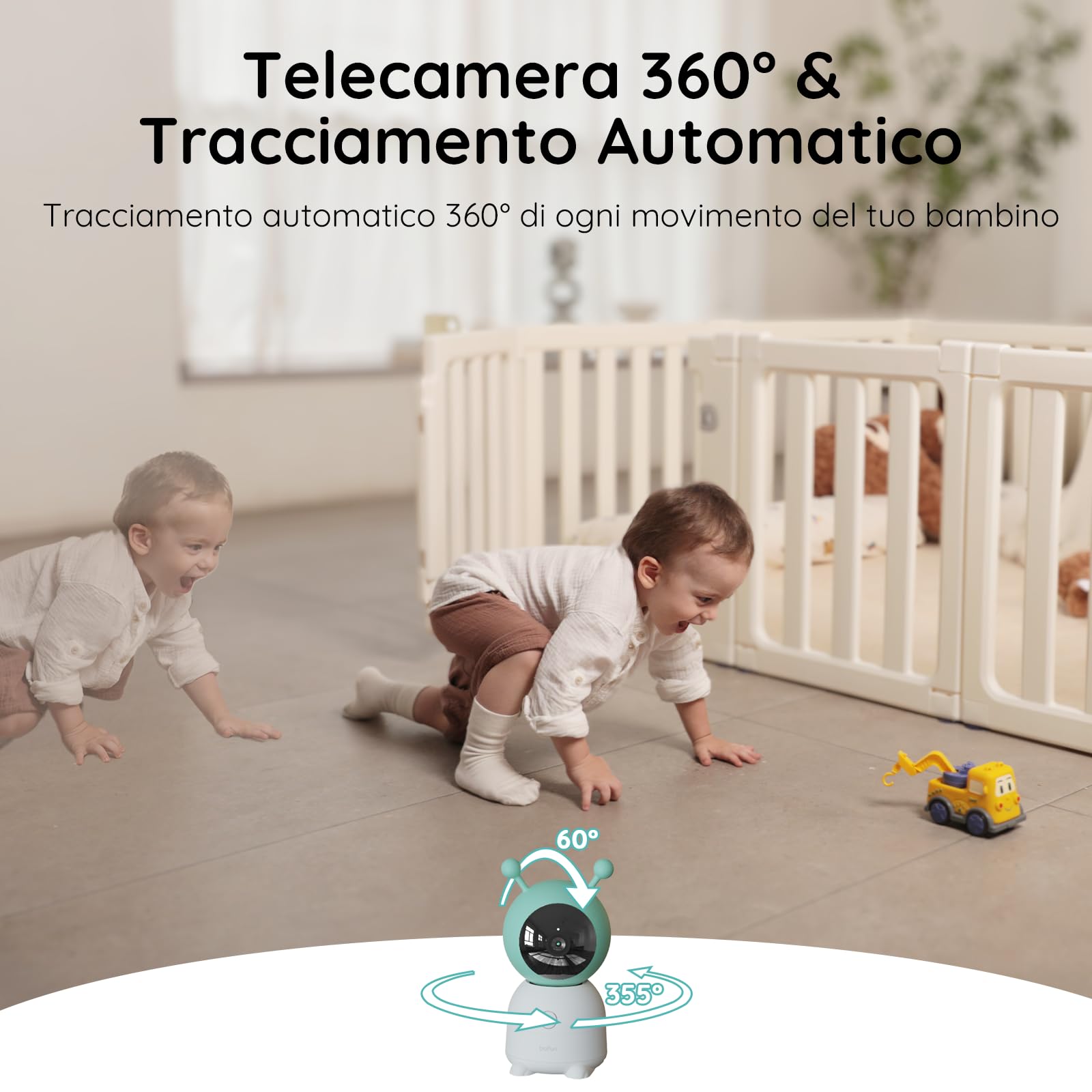 BOIFUN 2K Baby Monitor WiFi 360° con Luci Notturne, Display LCD 5" 3MP, Auto Tracking, Rilevamento Movimento e Suono IA
