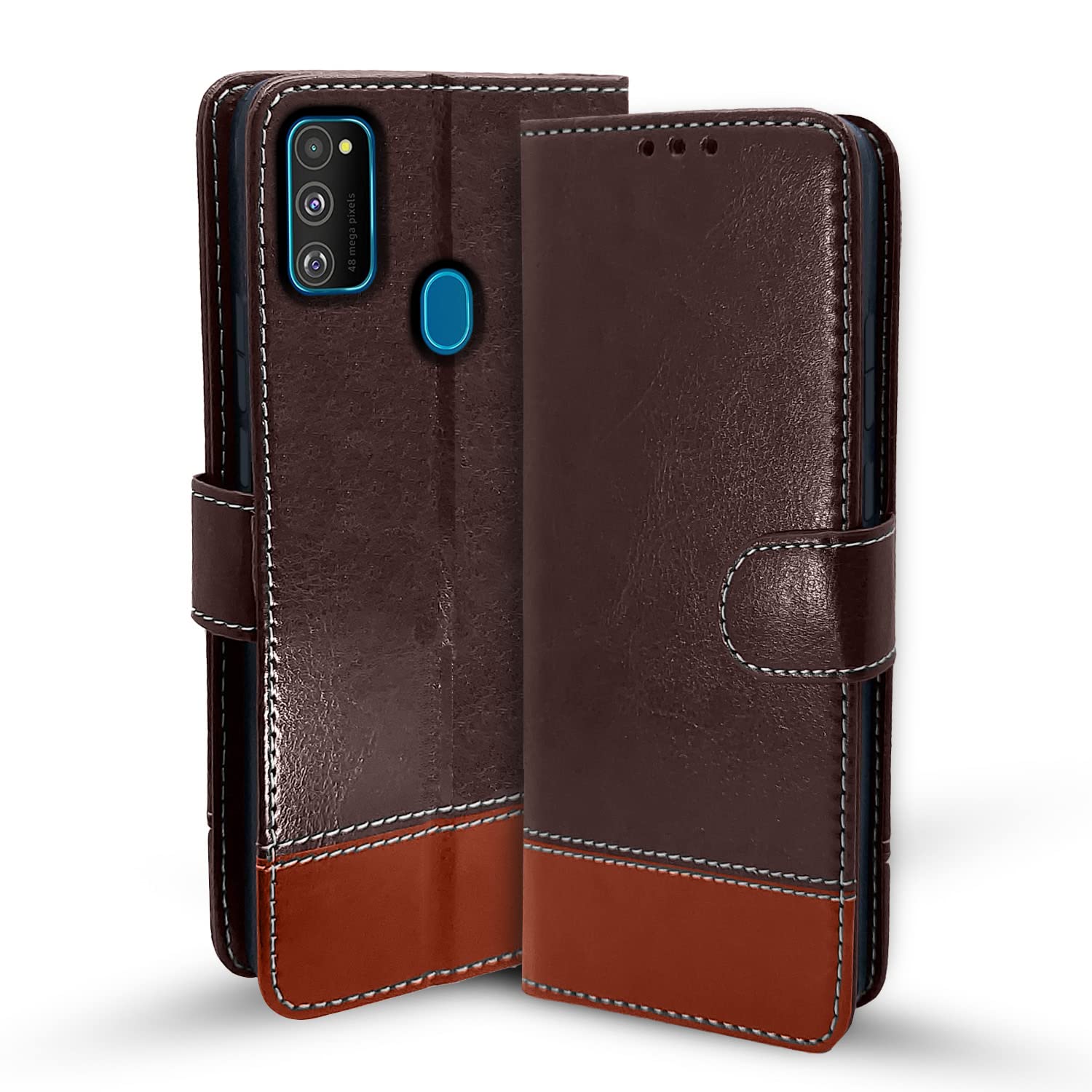 Pikkme Samsung Galaxy M21 / M30s / M21 2021 Flip Cover | Dual-Tone PU Leather Finish | Wallet Style & Stand | Magnetic Flip Case (Coffee & Brown)