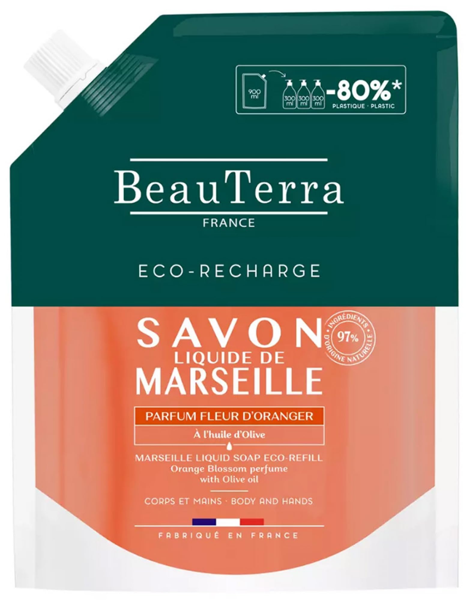 BeauTerra Marseille Liquid Soap Orange Blossom Eco-Refill 900 ml