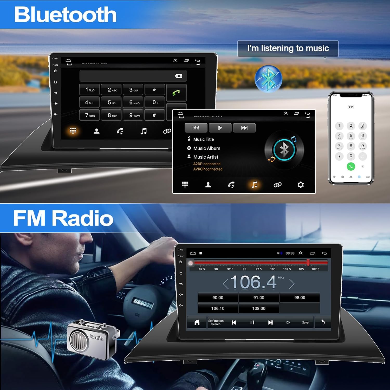 Screenshots of the car stereo displaying Bluetooth phone dialer and music playback interface, alongside an FM radio tuner.