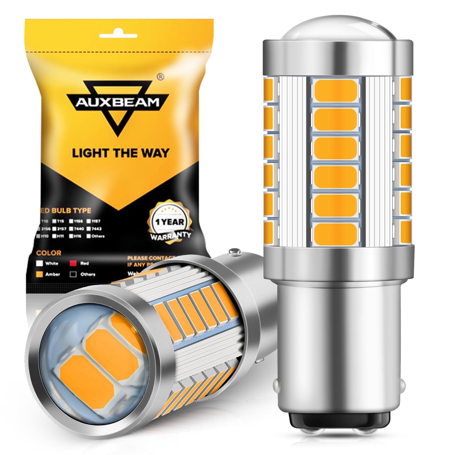 Auxbeam 1157 Amber Yellow LED Bulbs, Super Bright 2057 2357 7528 BAY15D Replacement Light Bulb for Turn Signal Lights Direction Blinker, 3030 33-SMD Chipset, Pack of 2 (May Need Resistors)