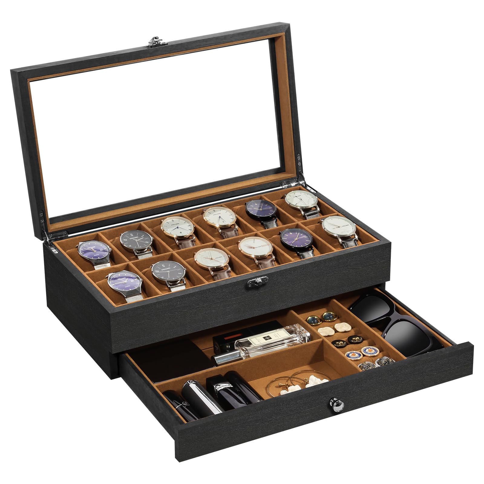 Uten Uhrenbox mit 12 Fächern, 2 Ebenen Uhrenkasten aus Massivholz mit Glasdeckel, Uhrenkissen Seidenbaumwolle, Schmuckaufbewahrung, Geschenkidee，Braunes Futter