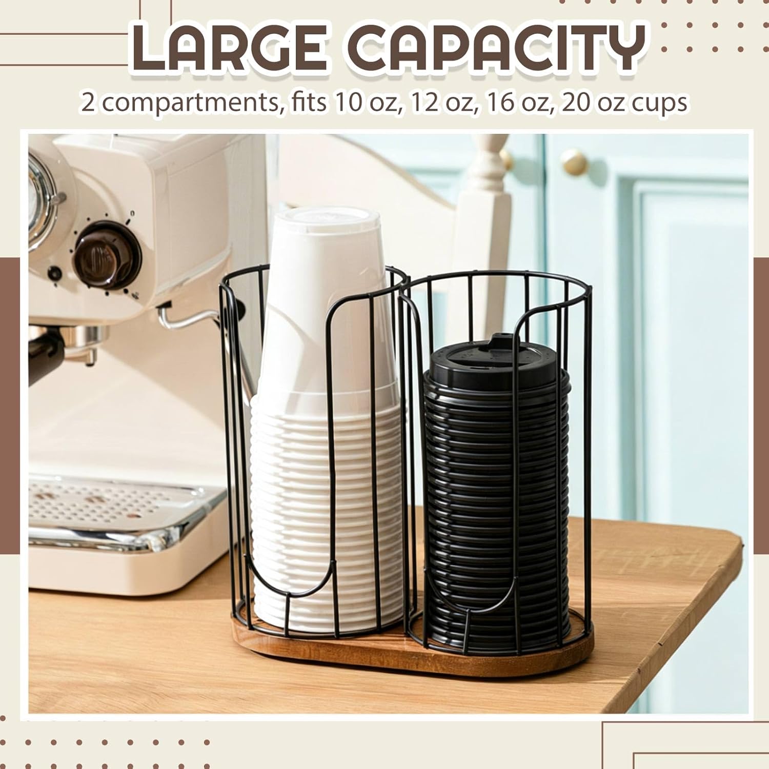 Geelin 18oz Adjustable Coffee Cup Dispenser, Cup Holder Organizer for Storing Paper Cups, Straws, Lids and Disposable Tableware(2-Compartment Single Layer,Black and Brown)
