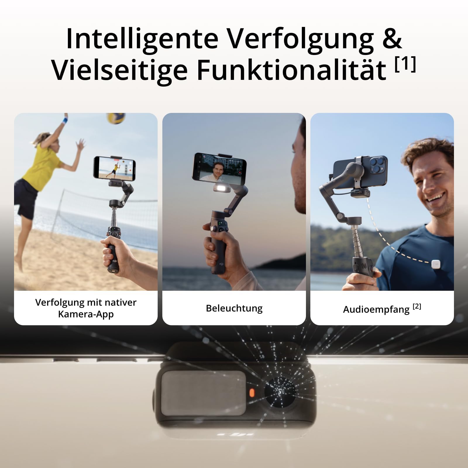 DJI Osmo Mobile 7P + Mic Mini TX (Polarweiß), Gimbal-Stabilisator für iPhone, Android, Natives Tracking, Audioempfang, Beleuchtung, 3-Achsen-Smartphone-Gimbal, Integrierter Verlängerungsstab & Stativ
