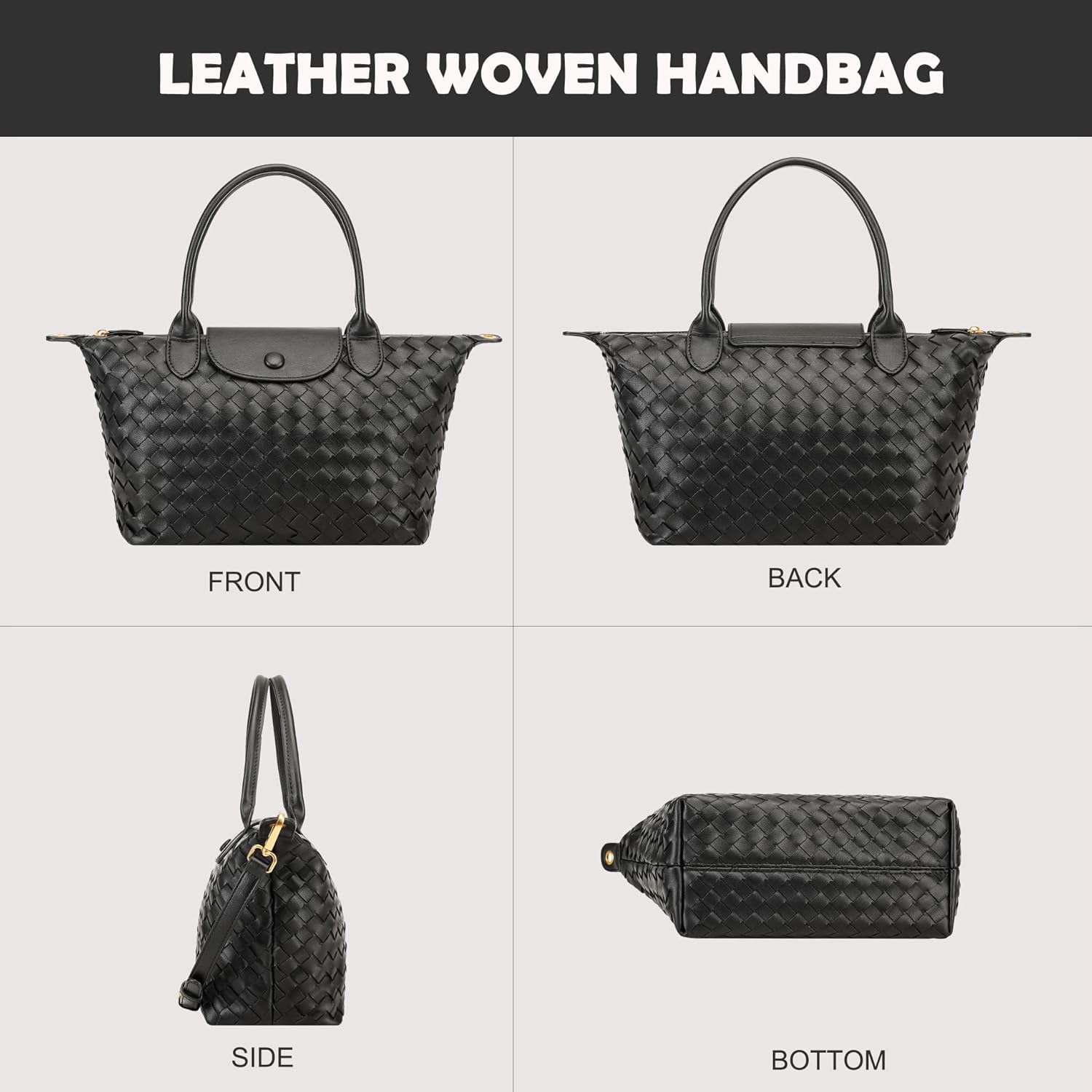 Vegan Leather Handbag, Top-Handle Shoulder Bag, Leather Crossbody Bag for Women, Woven Tote Purse - Image 4