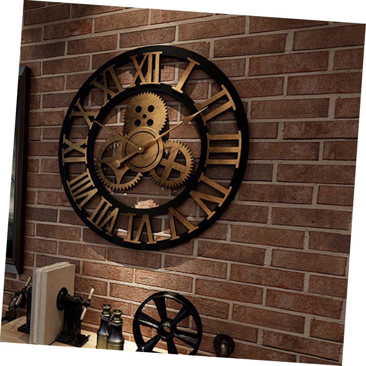 DOITOOL Wanduhr Vintage im Industriestil aus Goldenem Metall Leise ohne Tickgeräusche 34cm Kreative Hängeuhr für Wohnzimmer oder Büro