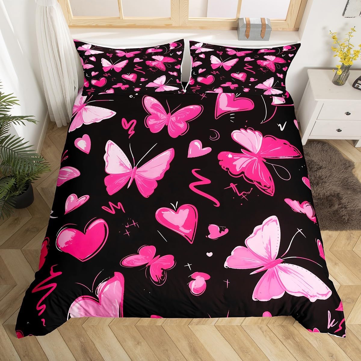 Butterfly Bedding Set Dreamy Butterflies Comforter Cover Cartoon Love Hearts Duvet Cover Boys Girls Room Decor Black Pink Bedspread Cover Toddler Bedding Collection 2Pcs,No Comforter