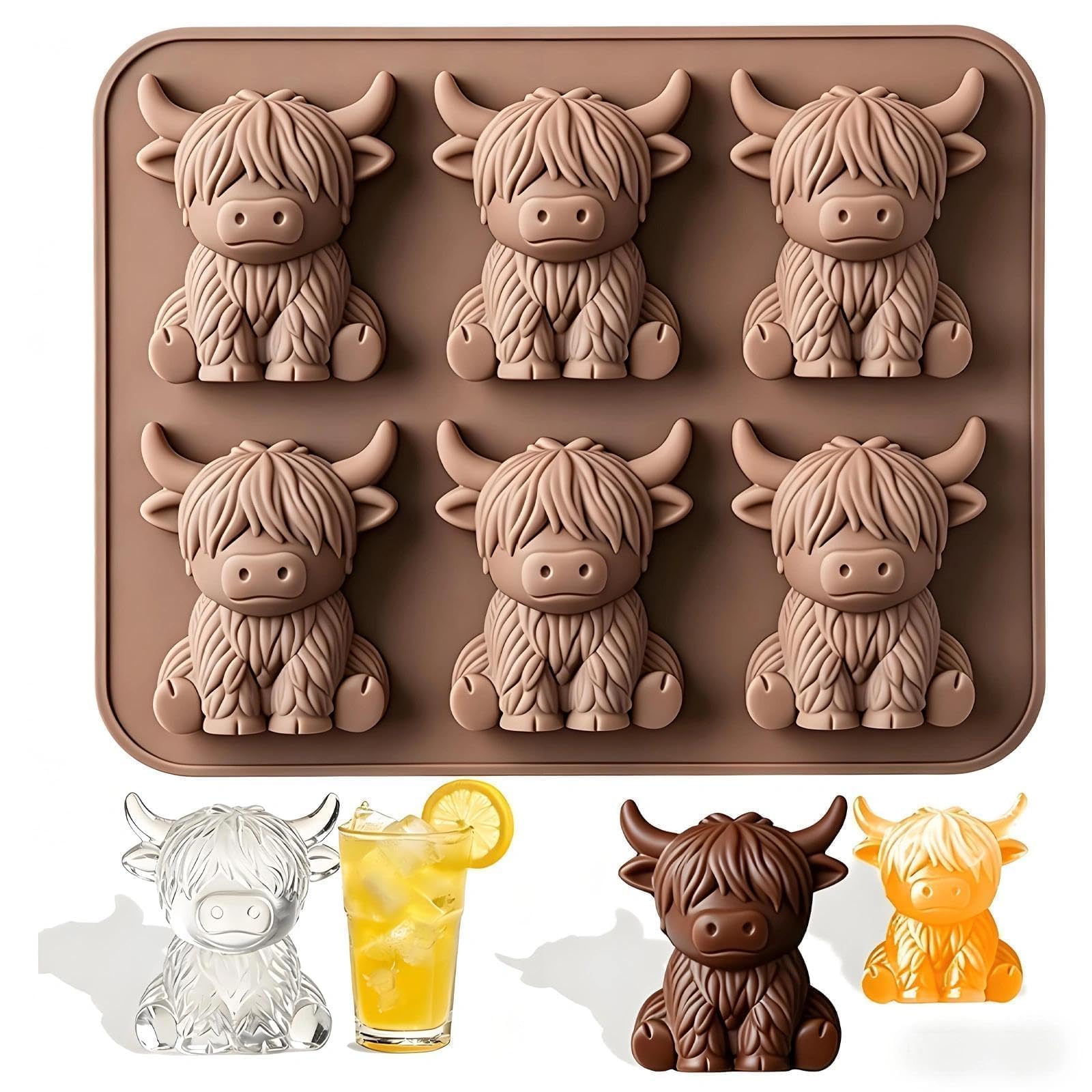 Mini Highland Cow Ice Cube Mold, 3D Highland Cow Ice Cube Silicone Molds Tray, Funny 3D Highlands Cows Gifts, for Cocktails, Beer & Drinks, Perfect Gifts for Friends (Brown)