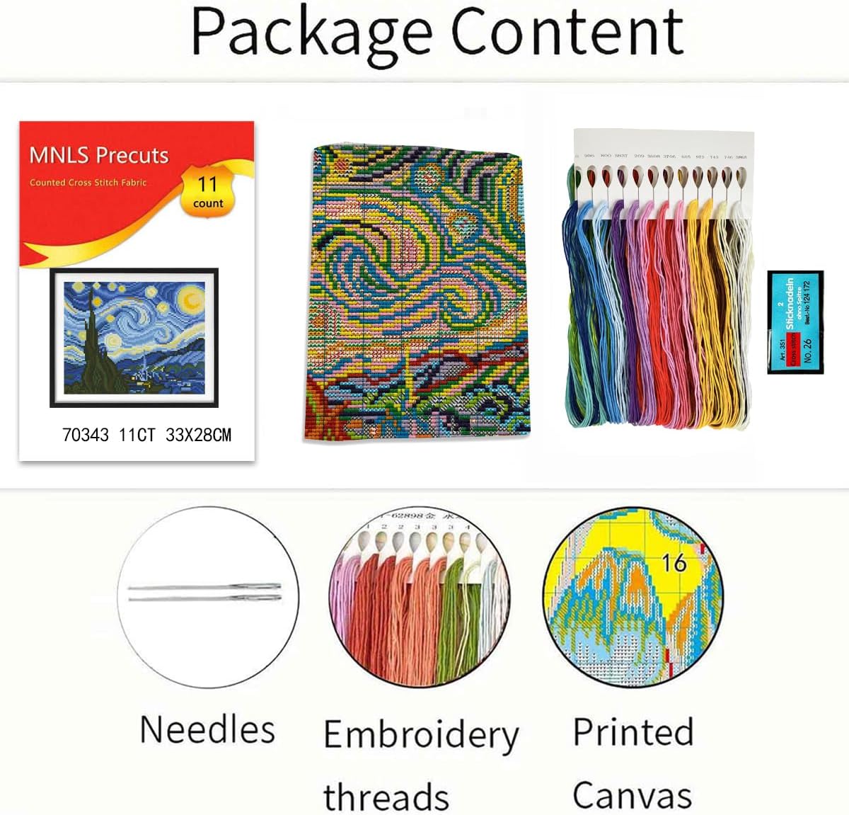 Zhenqing Van Gogh Starry Night Cross Stitch Kit for Beginners - Pre-Printed 11CT 28x33cm Full Coverage Embroidery with Threads & Needle, No Hoop Needed (70343)