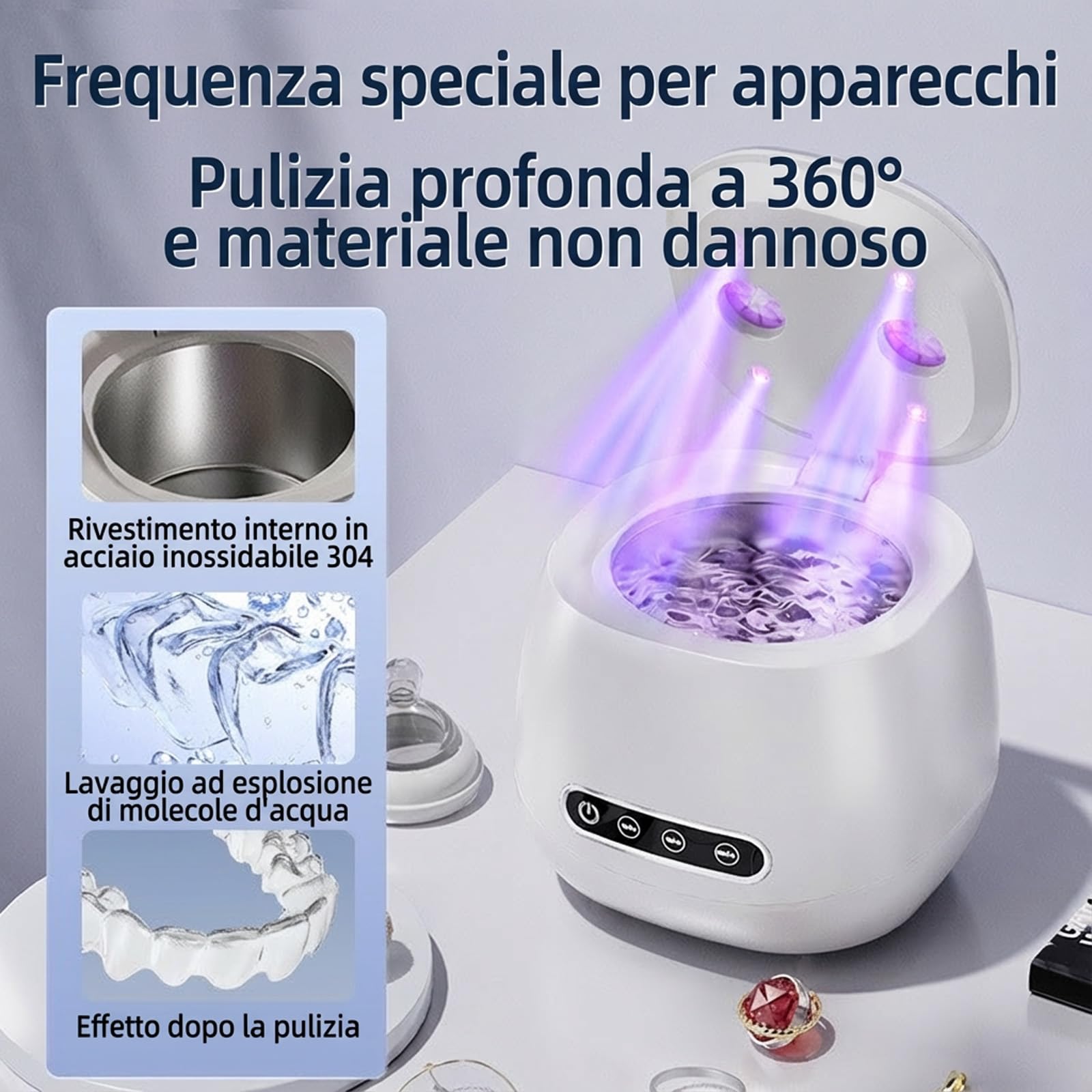 Cleon - Pulitore ad Ultrasuoni per Mascherine Dentali, 45000Hz con 3 modalità, Vasca in Acciaio Inossidabile, Pulizia Rapida in 5 Minuti