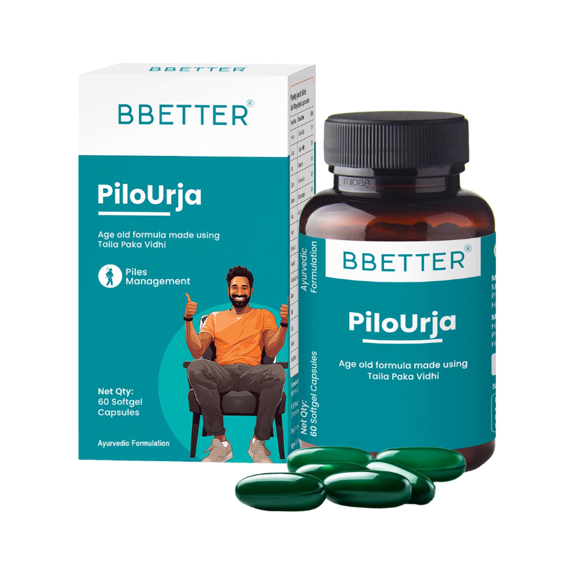 BBETTER PiloUrja - Lab Tested Ayurvedic Medicine for Relief from Piles Pain, Burning & Itching | Made by Taila Paka Vidhi Method | 60 Softgels-image-13
