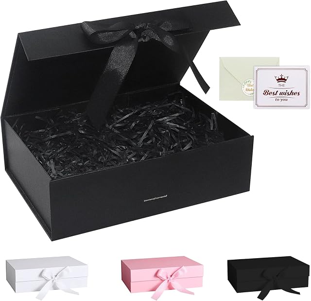 Black Gift Box, Luxury Magnetic Gift Box with Lid Ribbon Greeting Card Shredded Paper, Gift Packaging Box for Present Birthday Wedding Anniversary Festival