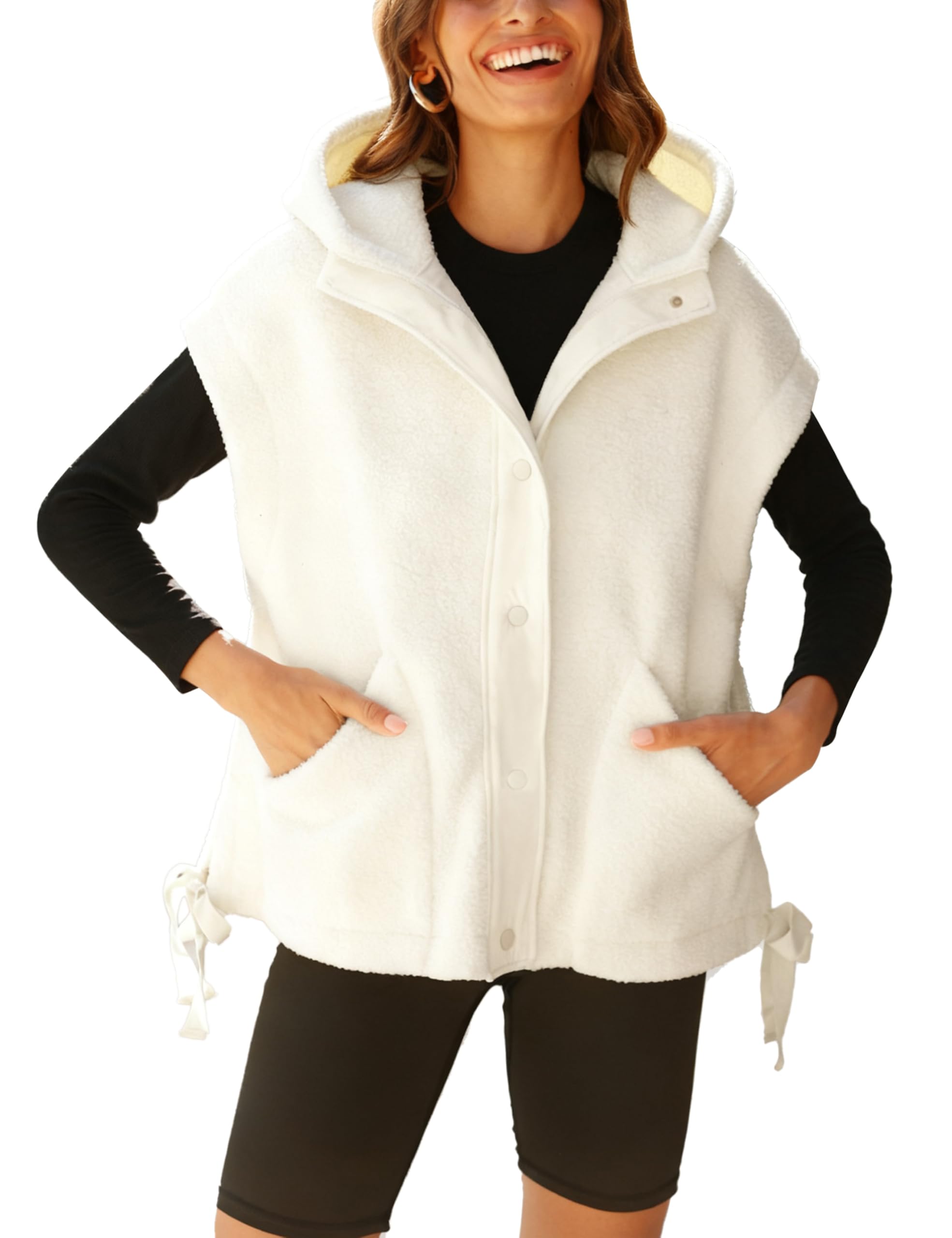Womens Hooded Fleece Vest Oversized Sleeveless Sherpa Jacket Warm Button Down Gilet Outerwear with Pockets-image-6