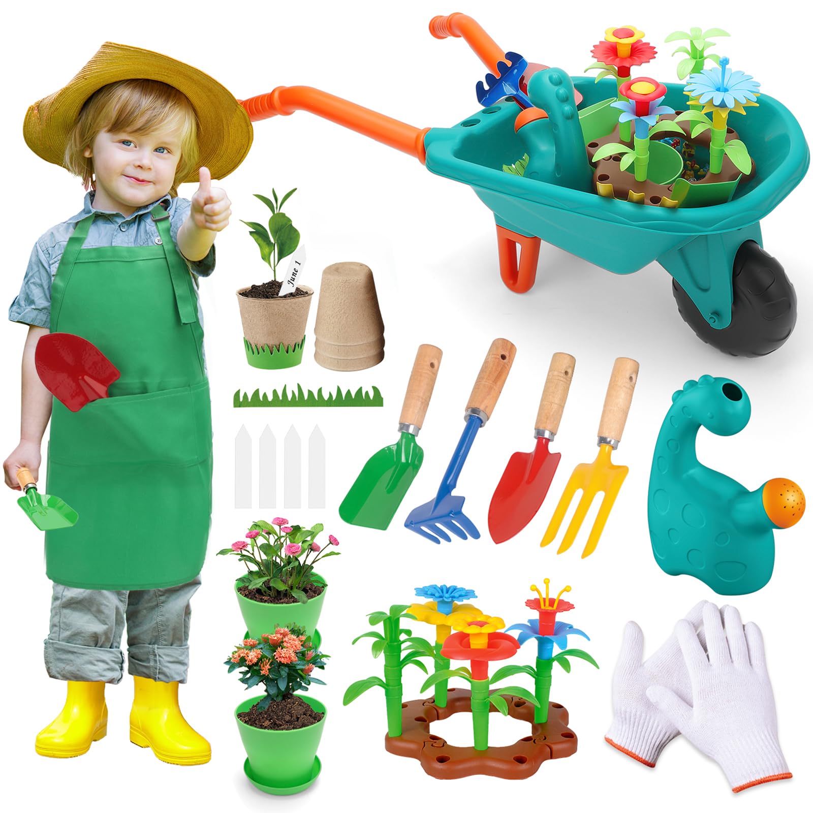 deAO Set di Attrezzi da Giardino con Carriola, Vanga, Rastrello Guanti