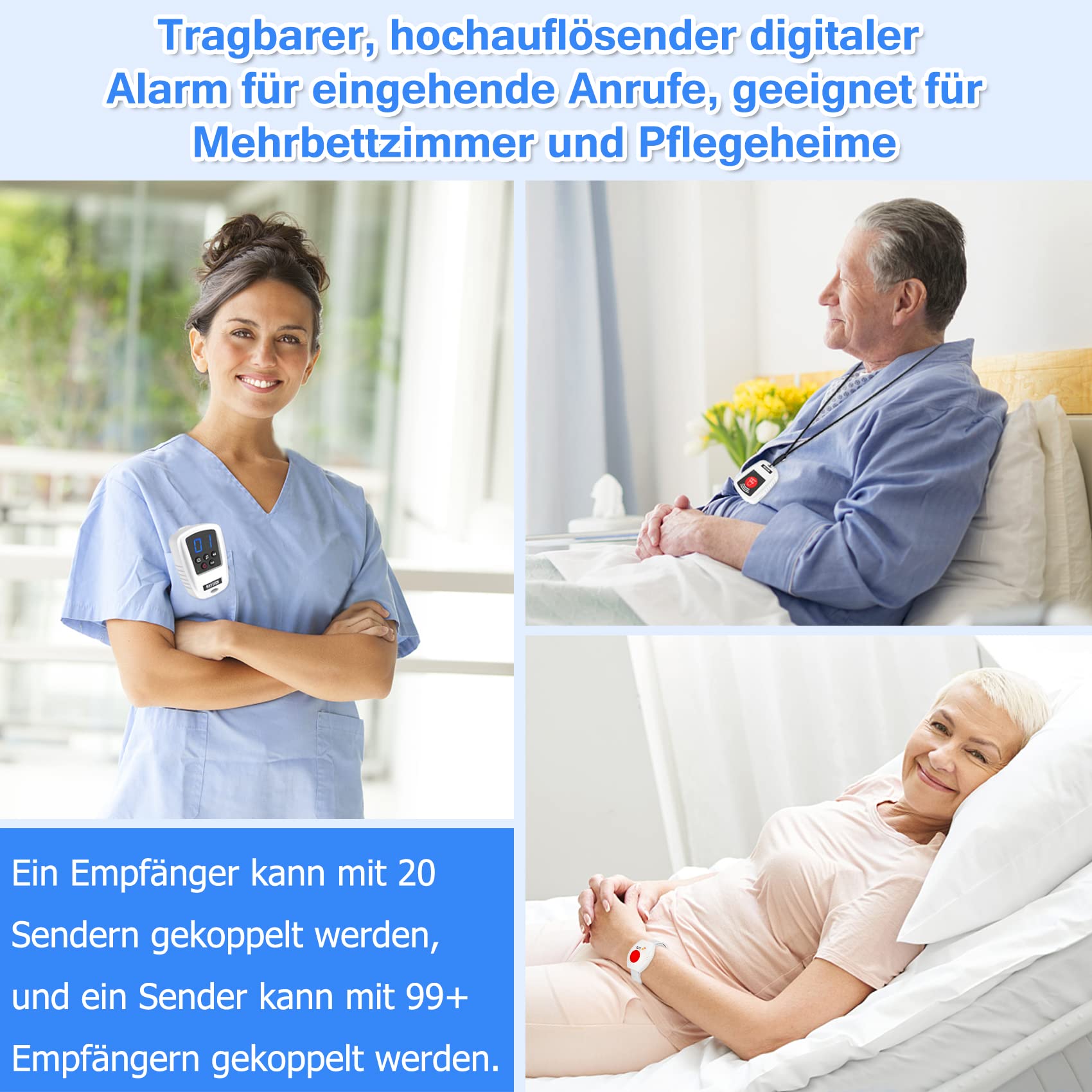 Daytech Notrufknopf für Senioren Notruf Armband Hausnotruf Notrufarmband,Wiederaufladbar, Alarm bei eingehenden Anrufen Für Ältere Und Schwangere Frauen,Patienten(1xempänger+2xsender)