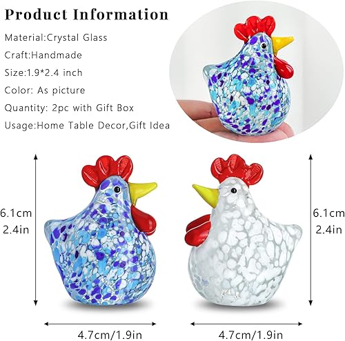 Miniatura 5 de H&D HYALINE & DORA Juego de 2 figuras de pollo de vidrio soplado, hechas a mano, figuras de gallo de cristal, coleccionables para decoración del