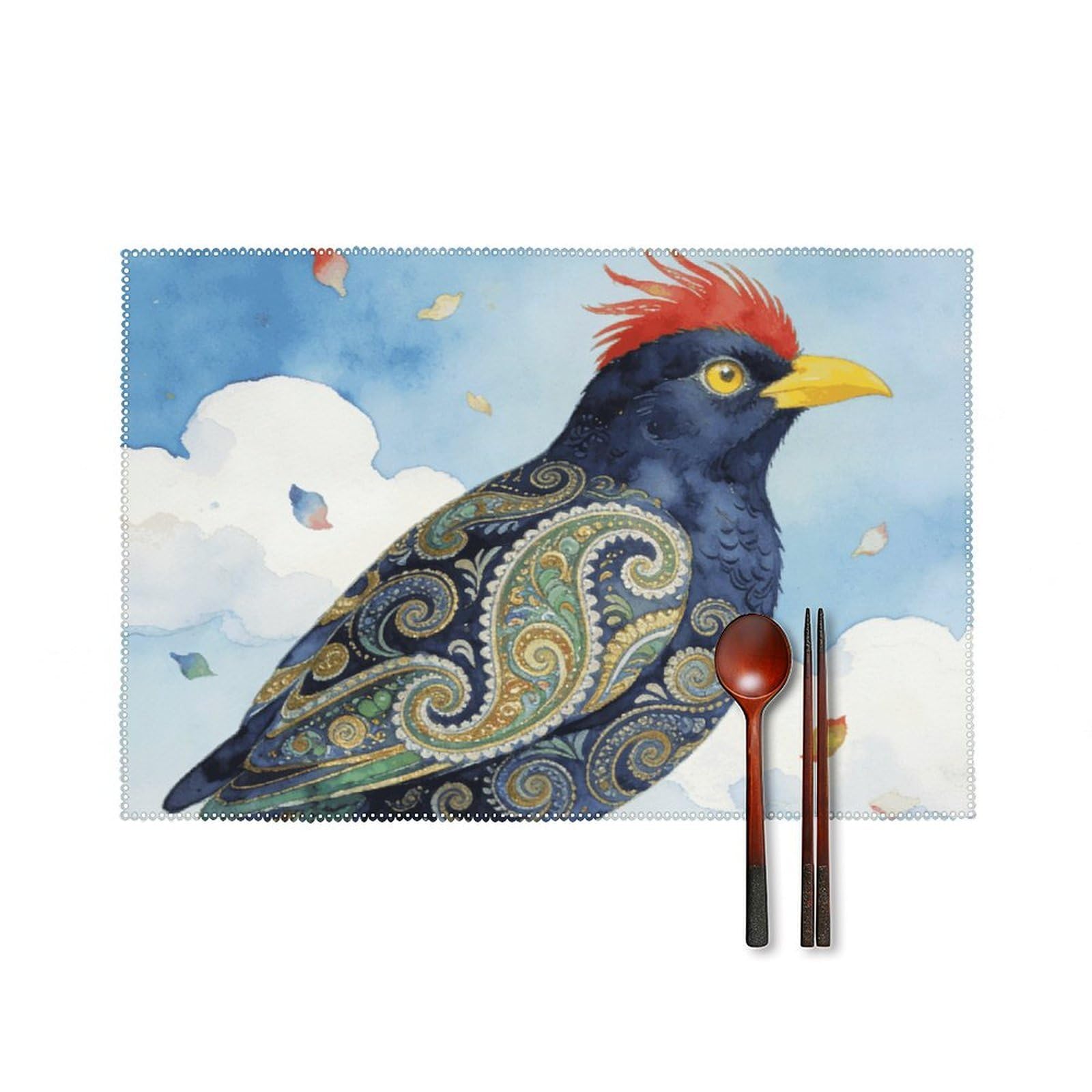 Paisley Bird Placemats Set of 6, 12x18 Inch Heat Resistant Washable Canvas Table Mats, Stain Resistant Decorative Dining Placemats for Kitchen, Restaurant, Outdoor Party