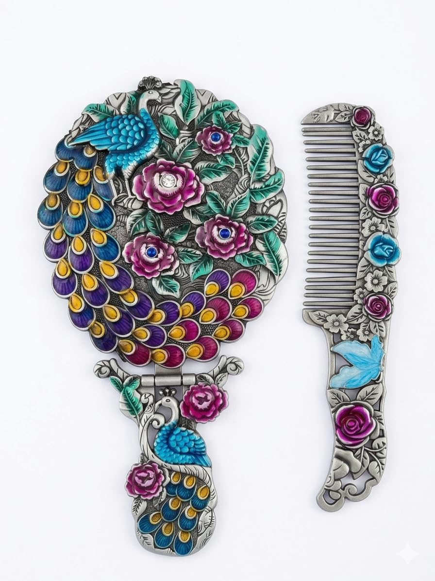 vintage peacock hand mirror and comb set, antique silver zinc alloy vanity set with hand-painted enamel, foldable freestanding makeup mirror for dressing table & gifting (teal & magenta)