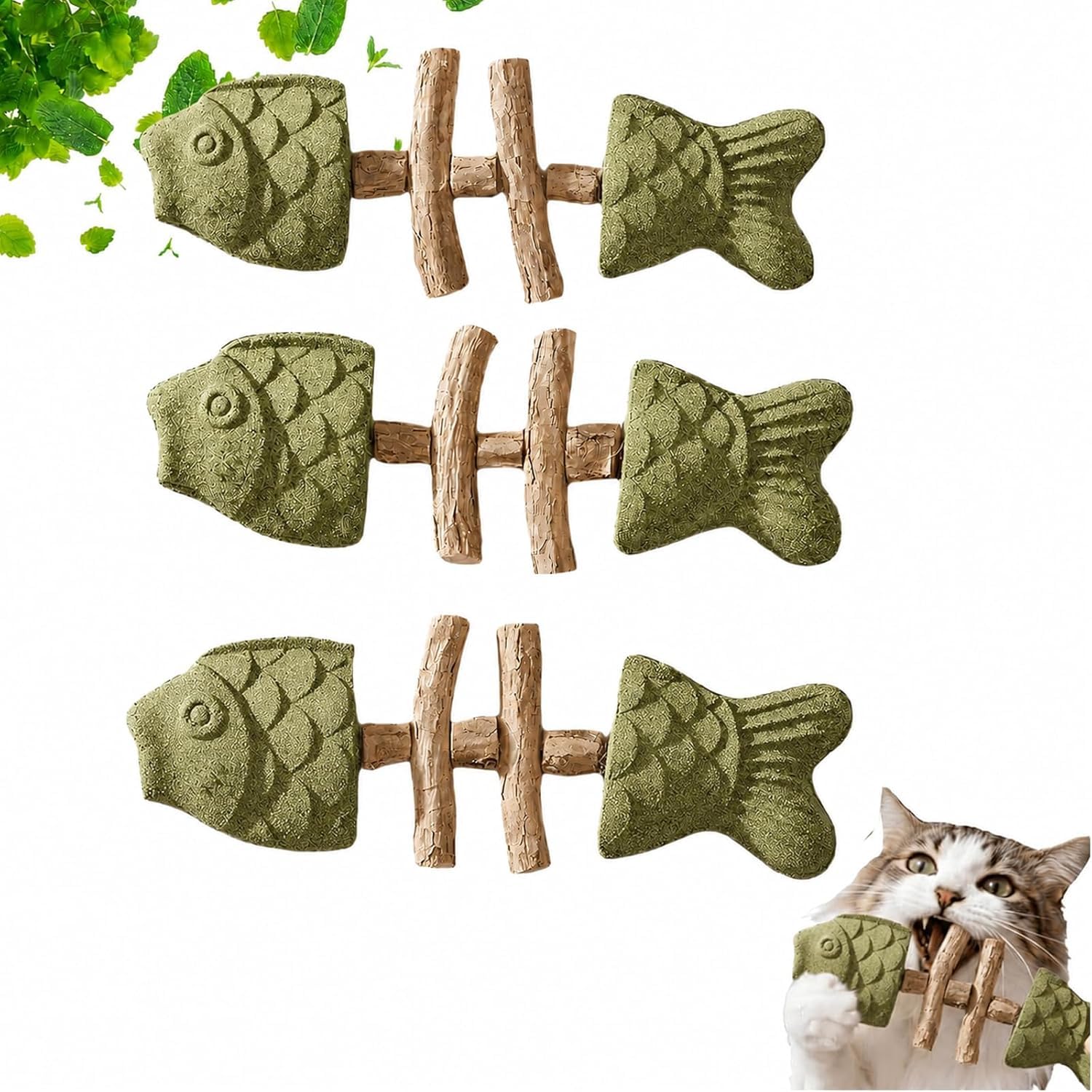 2026 New Creative Fish Bone Cat Dental Chew Toy -Natural Catnip & Silvervine Teeth Cleaning Stick,Fix Cat Dental Health,Durable Wooden Feline Tooth Care Tool,for Cats Teething and Stress (Green-3Pcs) — image 1