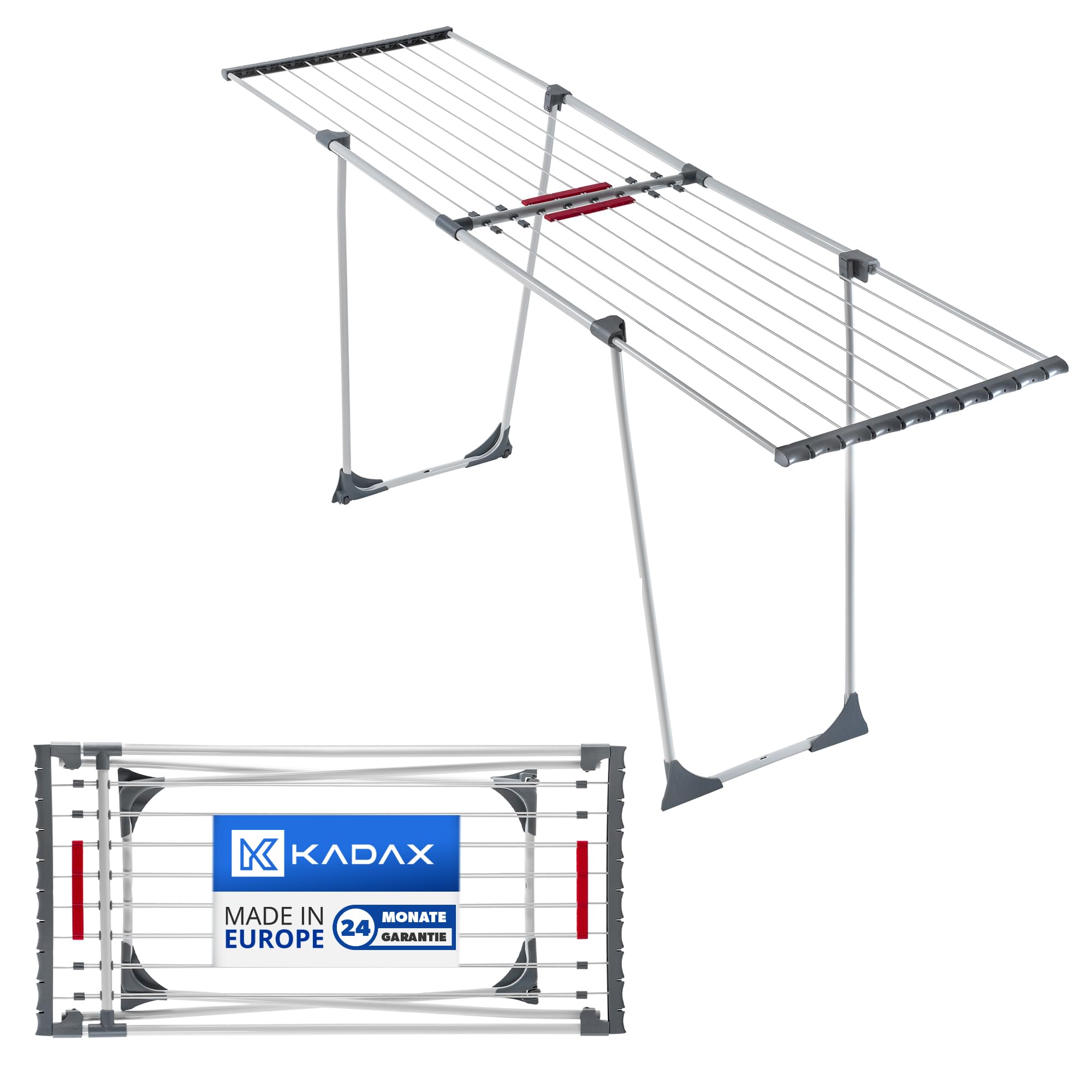 KADAX Étendoir a Linge 20 metres, Support de Sechage sur Pieds, Sechoir Pliable pour Maximiser l'espace de Sechage, Etendoir Telescopique (Gris)