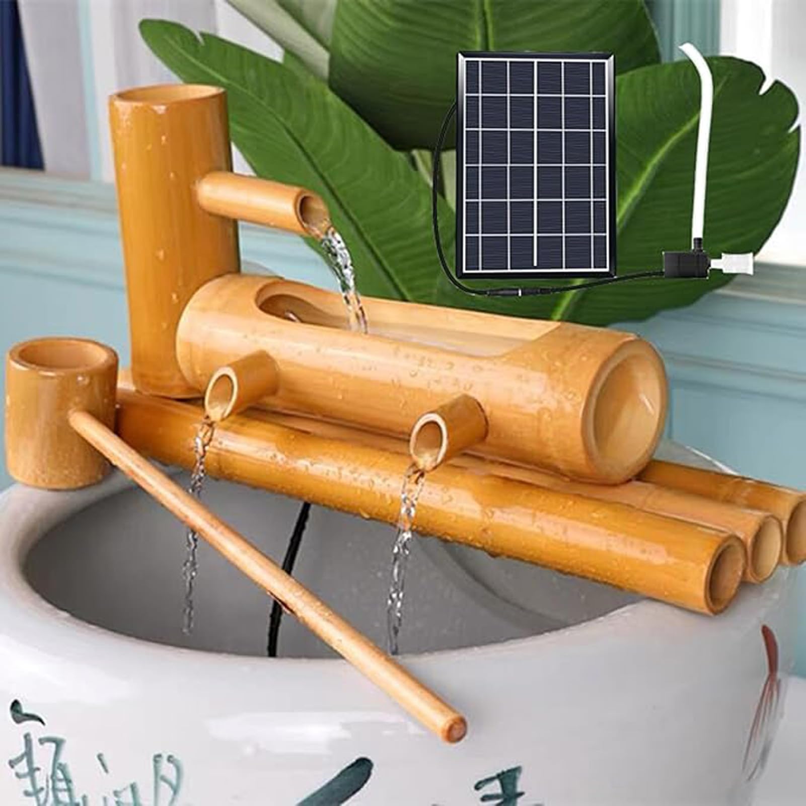 Ljykbfl Solar-Powered Bamboo Fountain Freestanding Outdoor Water Feature For Patio And Backyard, Tranquil Garden Ornament And Pond Decoration