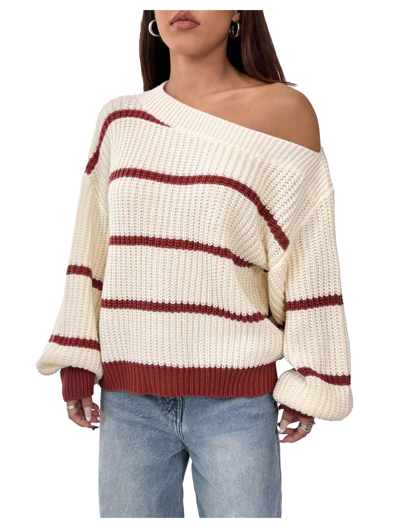 SOLY HUX Womens Striped Sweater Off The Shoulder Long Sleeve Pullover Casual Jumper Tops