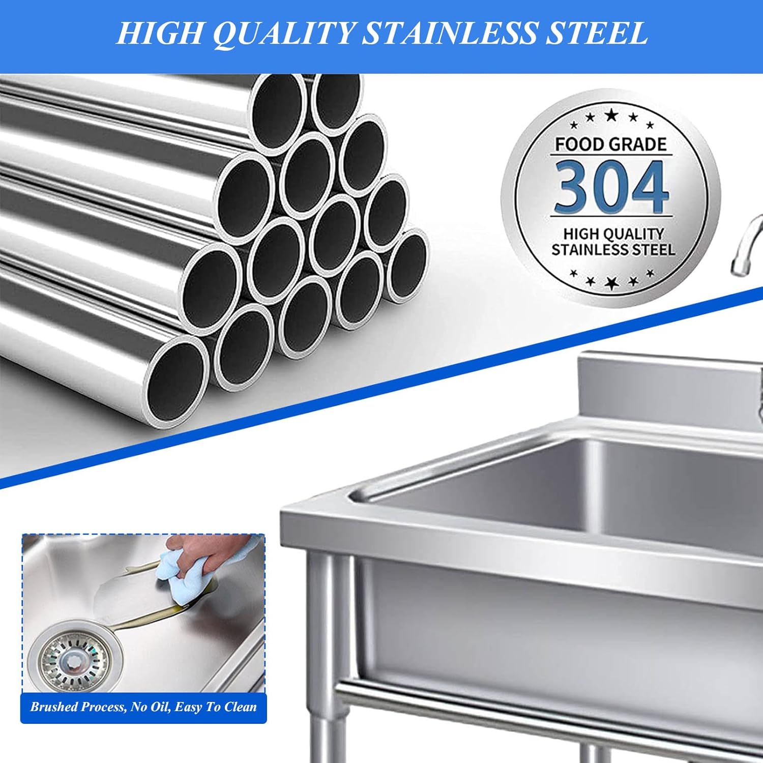 Freestanding Utility Sink Laundry Tub for Laundry Room/Garage Washing with Faucet, Stainless-Steel Single Bowl Slop Sink Wash Station for Indoor Outdoor, Restaurant